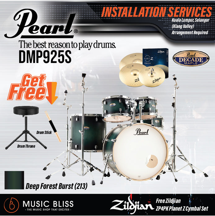 Pearl Decade Maple 5-Piece Drum Set with Hardware, Drumstick and Throne - 22" Kick - Deep Forest Burst - Music Bliss Malaysia