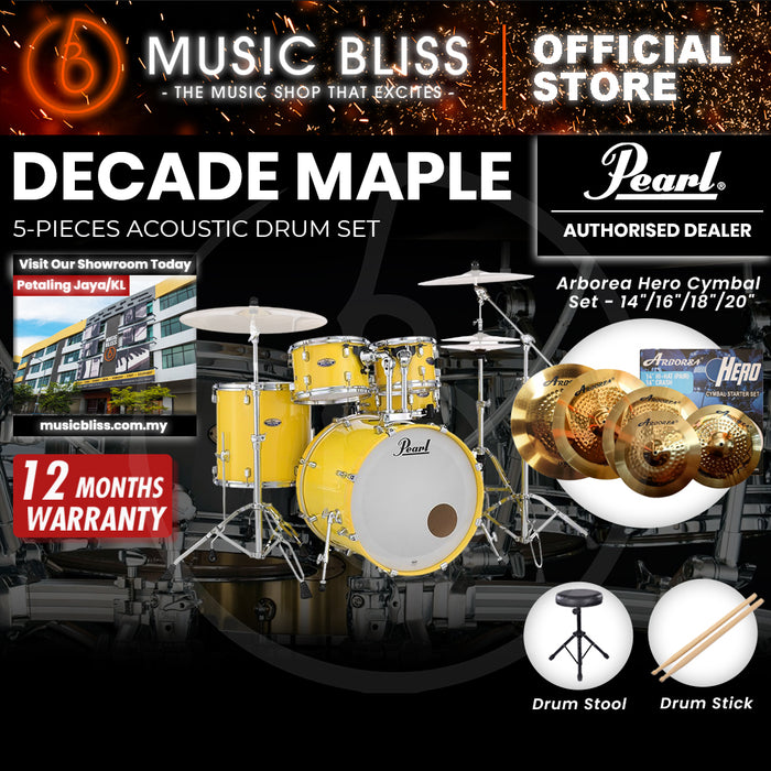 Pearl Decade Maple 5-Piece Drum Set with Hardware, Drumstick and Throne - 22 Inch Bass Drum - Solid Yellow