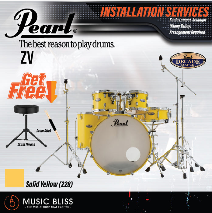 Pearl Decade Maple 5-Piece Drum Set with Hardware, Drumstick and Throne - 22" Kick - Solid Yellow - Music Bliss Malaysia
