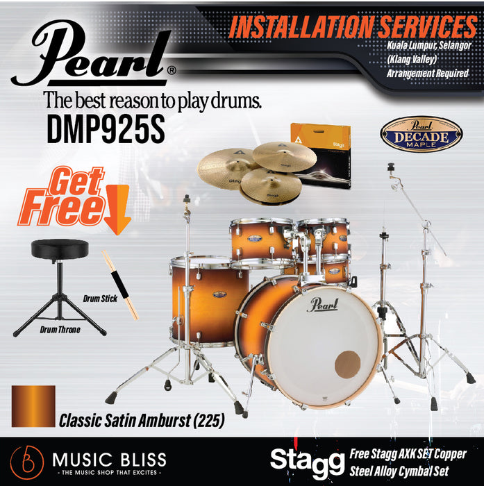 Pearl Decade Maple 5-Piece Drum Set with Hardware, Drumstick and Throne - 22" Kick - Classic Satin Amburst - Music Bliss Malaysia