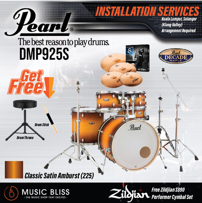 Pearl Decade Maple 5-Piece Drum Set with Hardware, Drumstick and Throne - 22" Kick - Classic Satin Amburst - Music Bliss Malaysia
