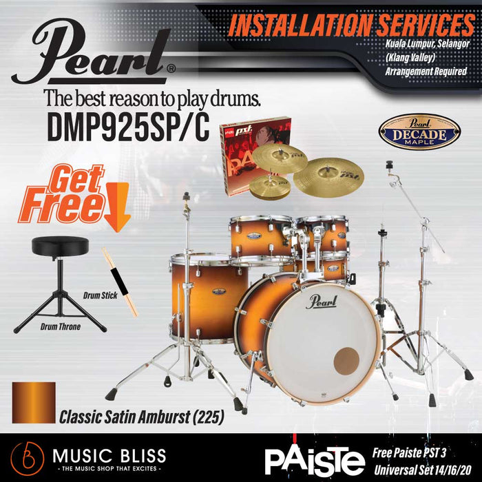 Pearl Decade Maple 5-Piece Drum Set with Hardware, Drumstick and Throne - 22" Kick - Classic Satin Amburst - Music Bliss Malaysia