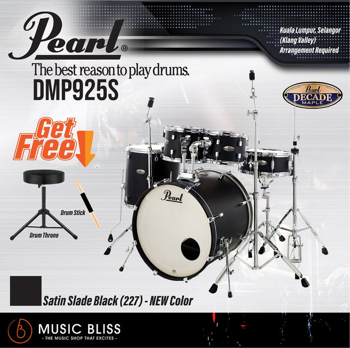 Pearl Decade Maple 5-Piece Drum Set with Hardware, Drumstick and Throne - 22" Kick - Satin Slade Black - Music Bliss Malaysia