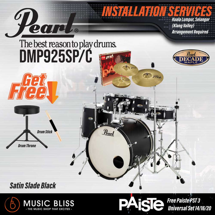 Pearl Decade Maple 5-Piece Drum Set with Hardware, Drumstick and Throne - 22" Kick - Satin Slade Black - Music Bliss Malaysia