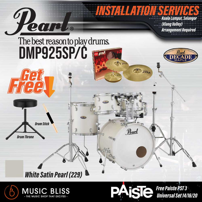 Pearl Decade Maple 5-Piece Drum Set with Hardware, Drumstick and Throne - 22" Kick - White Satin Pearl - Music Bliss Malaysia