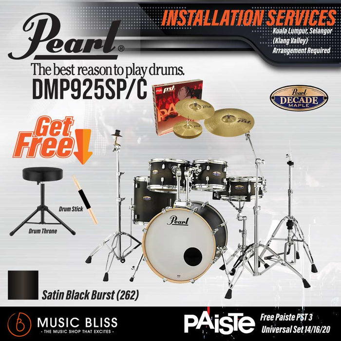 Pearl Decade Maple 5-Piece Drum Set with Hardware, Drumstick and Throne - 22" Kick - Satin Black Burst - Music Bliss Malaysia