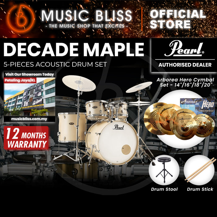 Pearl Decade Maple 5-Piece Drum Set with Hardware, Drumstick and Throne - 22 Inch Bass Drum - Satin Gold Meringue