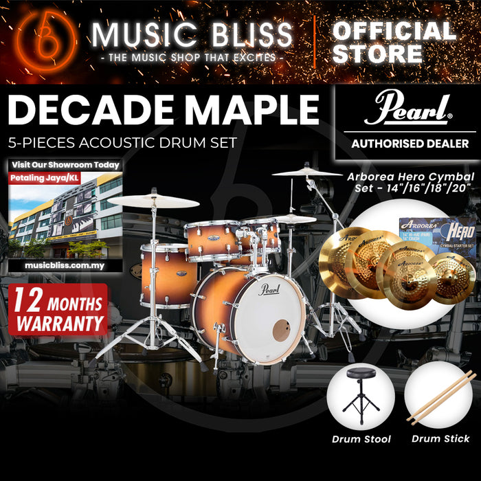 Pearl Decade Maple 5-Piece Drum Set with Hardware, Drumstick and Throne - 22 Inch Bass Drum - Classic Satin Amburst