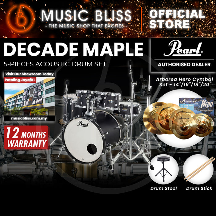 Pearl Decade Maple 5-Piece Drum Set with Hardware, Drumstick and Throne - 22 Inch Bass Drum - Satin Slade Black