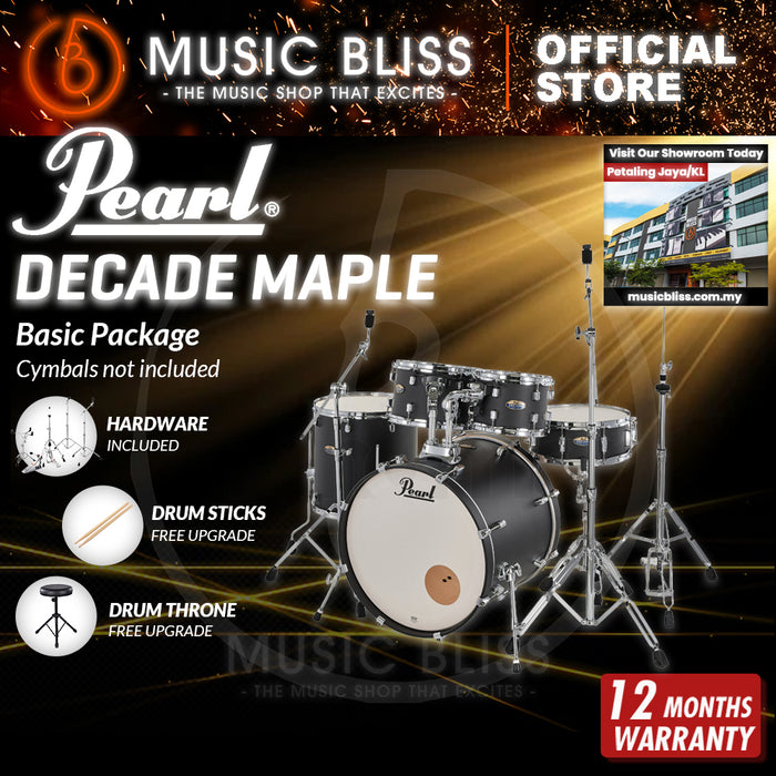Pearl Decade Maple 5-Piece Drum Set with Hardware, Drumstick and Throne - 22 Inch Bass Drum - Satin Slade Black