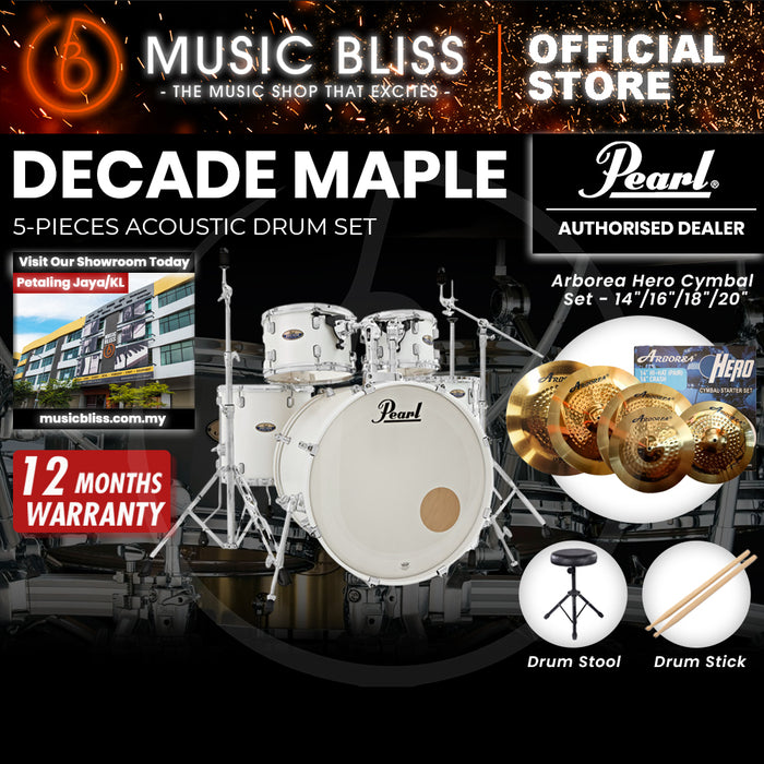 Pearl Decade Maple 5-Piece Drum Set with Hardware, Drumstick and Throne - 22 Inch Bass Drum - White Satin Pearl