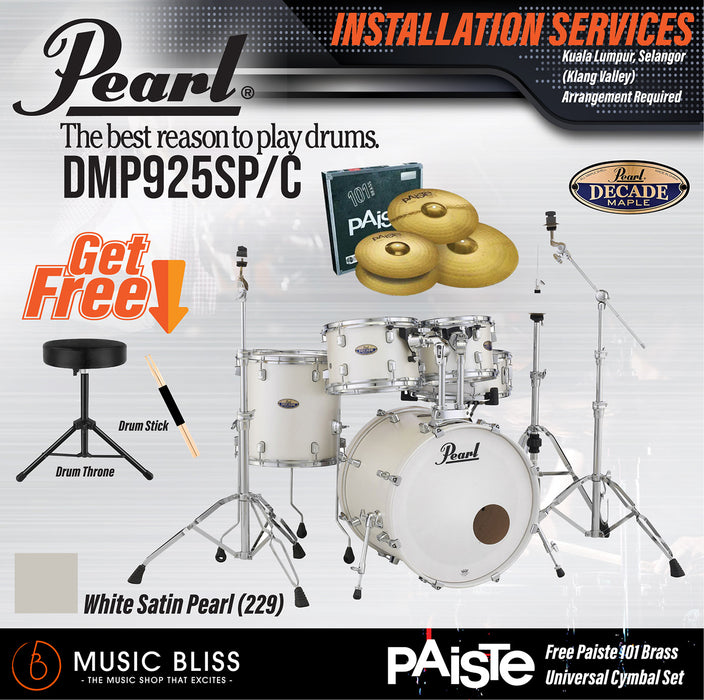 Pearl Decade Maple 5-Piece Drum Set with Hardware, Drumstick and Throne - 22" Kick - White Satin Pearl - Music Bliss Malaysia