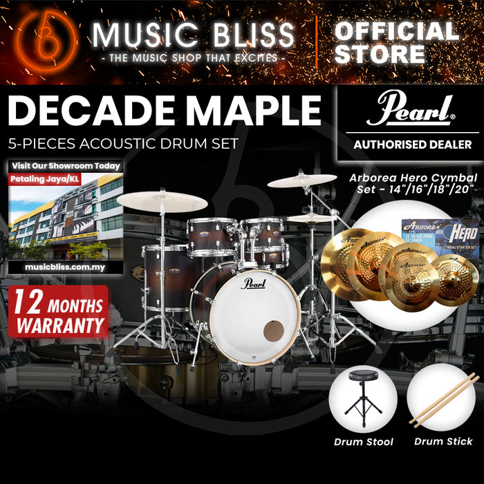 Pearl Decade Maple 5-Piece Drum Set with Hardware, Drumstick and Throne - 22 Inch Bass Drum - Satin Brown Burst