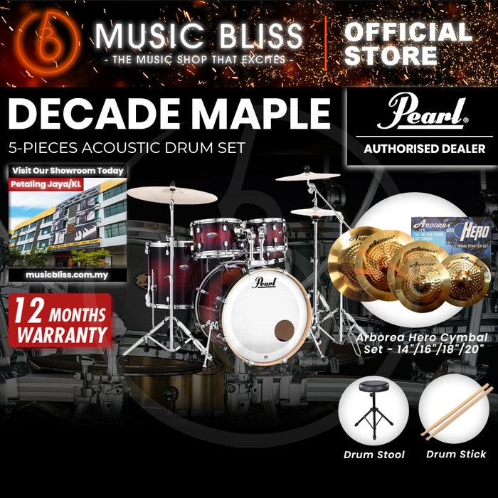 Pearl Decade Maple 5-Piece Drum Set with Hardware, Drumstick and Throne - 22 Inch Bass Drum - Gloss Deep Red Burst