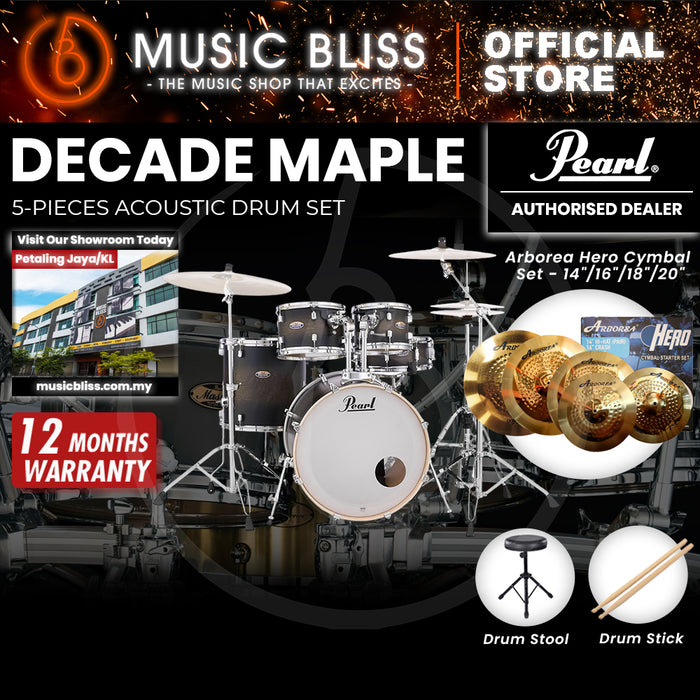 Pearl Decade Maple 5-Piece Drum Set with Hardware, Drumstick and Throne - 22 Inch Bass Drum - Satin Black Burst