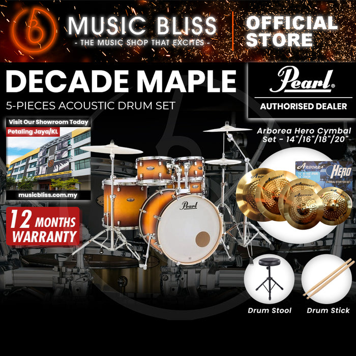 Pearl Decade Maple 5-Piece Drum Set with Hardware, Drumstick and Throne - 22 Inch Bass Drum - Pale Amber Gloss