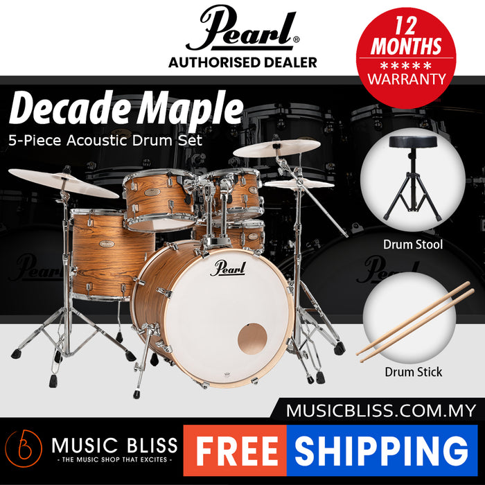 Pearl Decade Maple 5-Piece Drum Set with Hardware, Drumstick and Throne - 22 Inch Bass Drum - Satin Caramel Veil