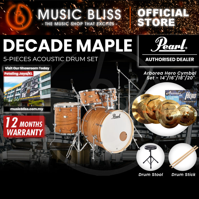 Pearl Decade Maple 5-Piece Drum Set with Hardware, Drumstick and Throne - 22 Inch Bass Drum - Satin Caramel Veil