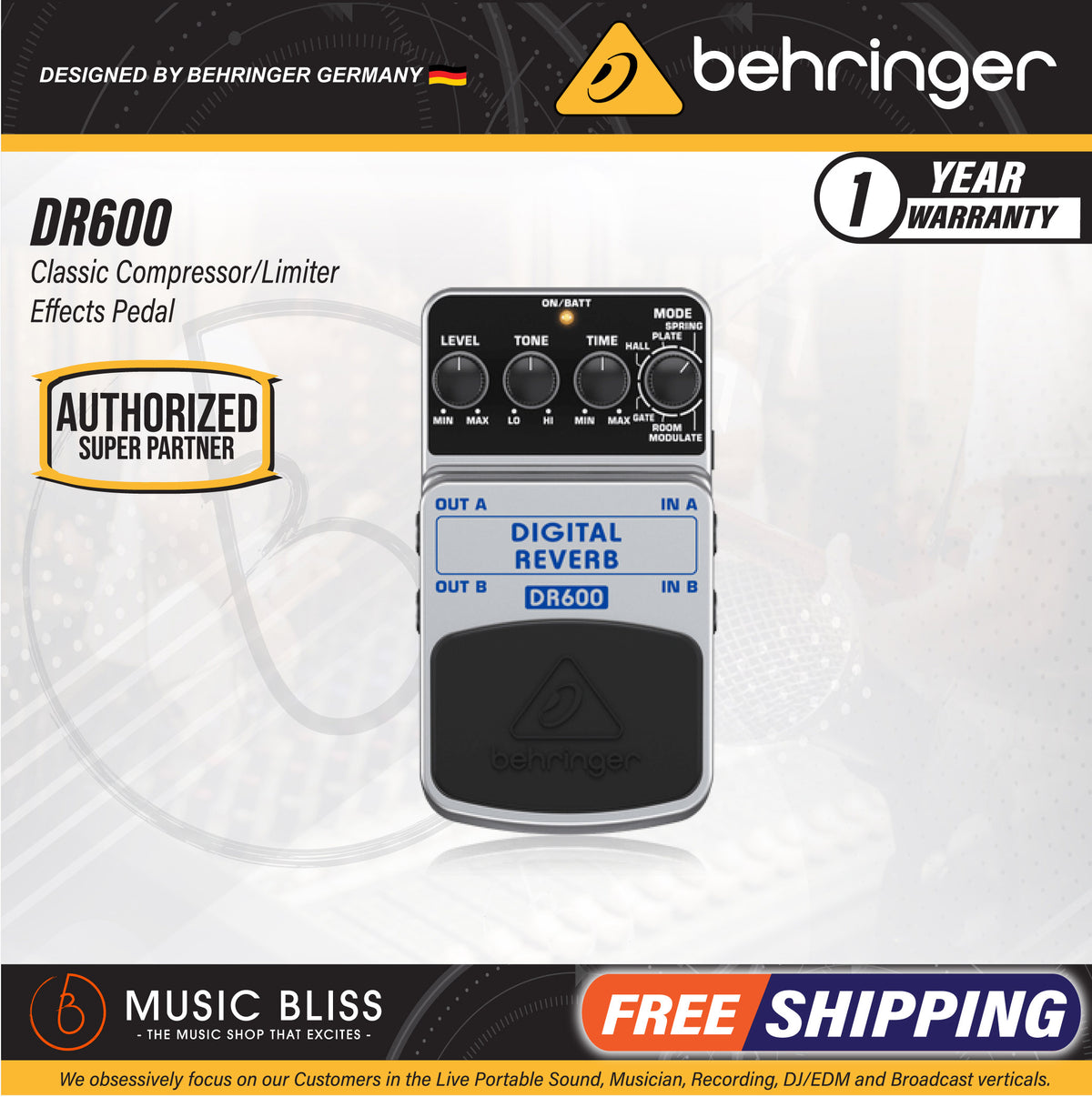 behringer dr600 digital reverb pedal Behringer DR-600 Digital Reverb Guitar Effects Pedal (DR600) *Crazy Sales Promotion*
