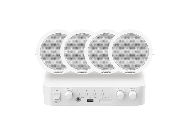 HIKvision Audio Budget Hybrid Ceiling Speaker PA Package - 80W IP Amplifier with 4×6W Ceiling Speakers