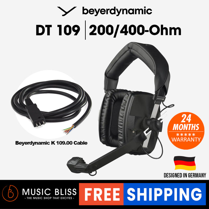 Beyerdynamic DT 109 400 Ohm Closed Broadcast headset with 200 Ohm dynamic microphone for camera crew, reporters with K109.00 Open End Cable - Music Bliss Malaysia