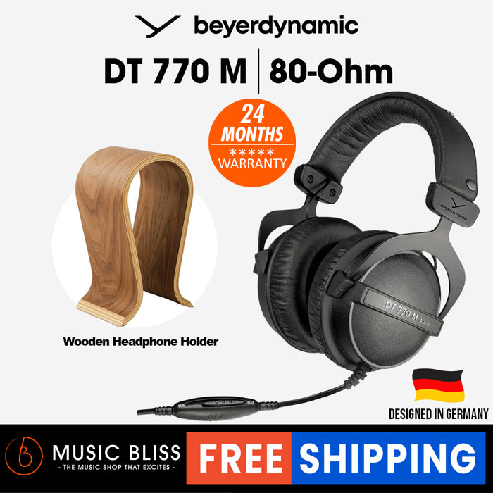 Beyerdynamic DT 770 M 80 Ohm Over-Ear-Monitor Headphones In Black, Closed Design, Wired, Volume Control for Drummers and Sound Engineers FOH with Wooden Headphone Holder - Music Bliss Malaysia