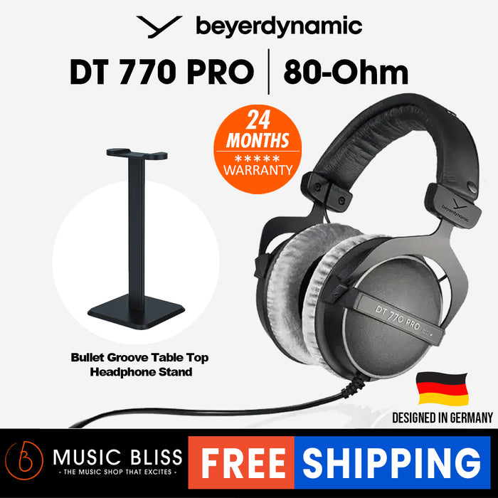 Beyerdynamic DT 770 PRO 80 Ohm Over-Ear Studio Headphones. Enclosed Design, Wired for Professional Recording and Monitoring with Bullet Groove Table Top Headphone Stand - Music Bliss Malaysia
