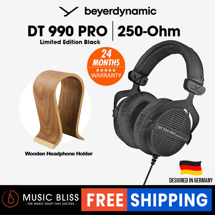Beyerdynamic DT 990 PRO 250 Ohm Over-Ear Studio Headphones Limited Black Edition. Open Construction, Wired with Wooden Headphone Holder - Music Bliss Malaysia