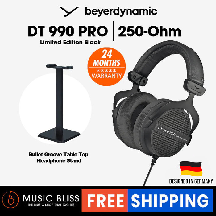 Beyerdynamic DT 990 PRO 250 Ohm Over-Ear Studio Headphones Limited Black Edition. Open Construction, Wired With Bullet Groove Table Top Headphone Stand - Music Bliss Malaysia