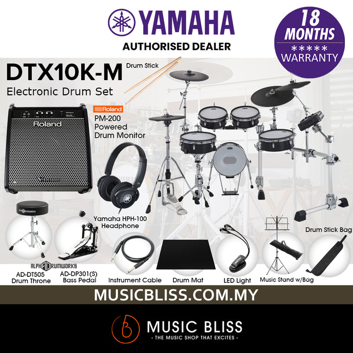 Yamaha DTX10K-M Electronic Drum Set with Roland PM-200 Drum Monitor and Yamaha HPH-100 Headphone - Black Forest