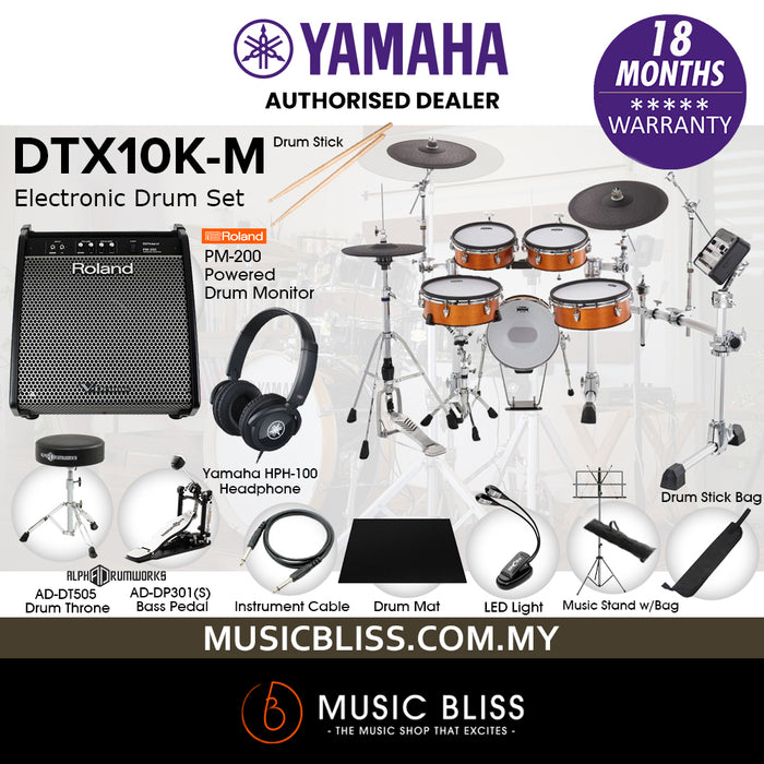 Yamaha DTX10K-M Electronic Drum Set with Roland PM-200 Drum Monitor and Yamaha HPH-100 Headphone - Real Wood
