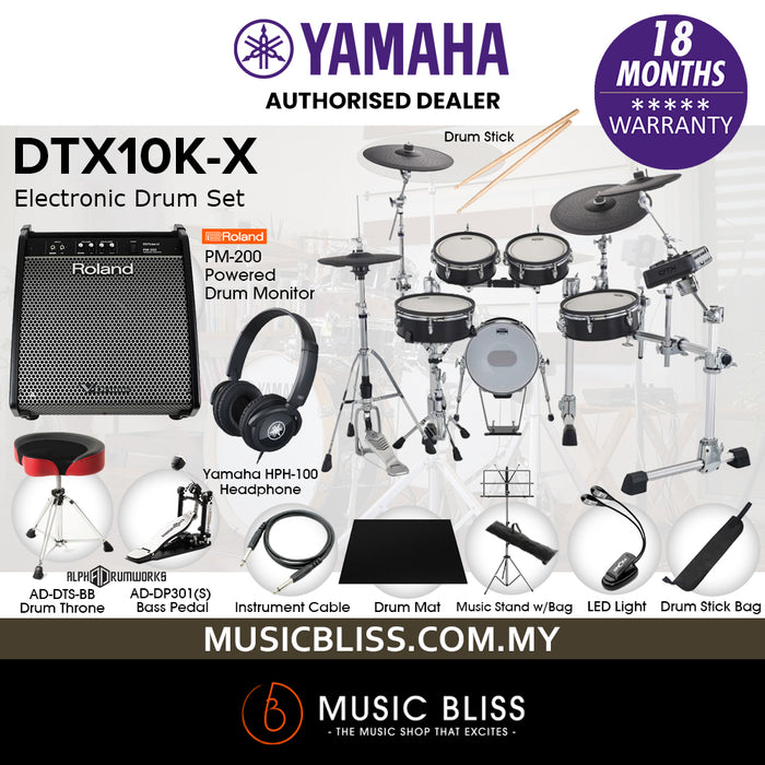 Yamaha DTX10K-X Electronic Drum Set with Roland PM-200 Drum Monitor and Yamaha HPH-100 Headphone - Black Forest