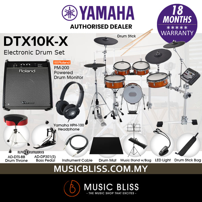 Yamaha DTX10K-X Electronic Drum Set with Roland PM-200 Drum Monitor and Yamaha HPH-100 Headphone - Real Wood