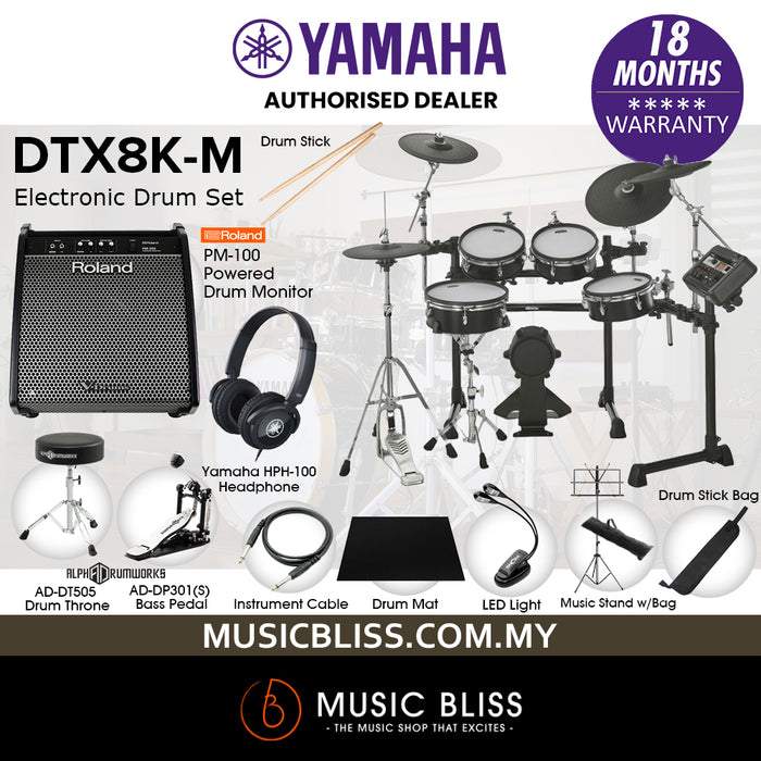 Yamaha DTX8K-M Electronic Drum Set with Roland PM-100 Drum Monitor and Yamaha HPH-100 Headphone - Black Forest