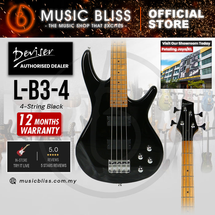 Deviser L-B3-4-BK Budget Beginner Electric Bass Guitar – 4-String Black for Rock Kapak