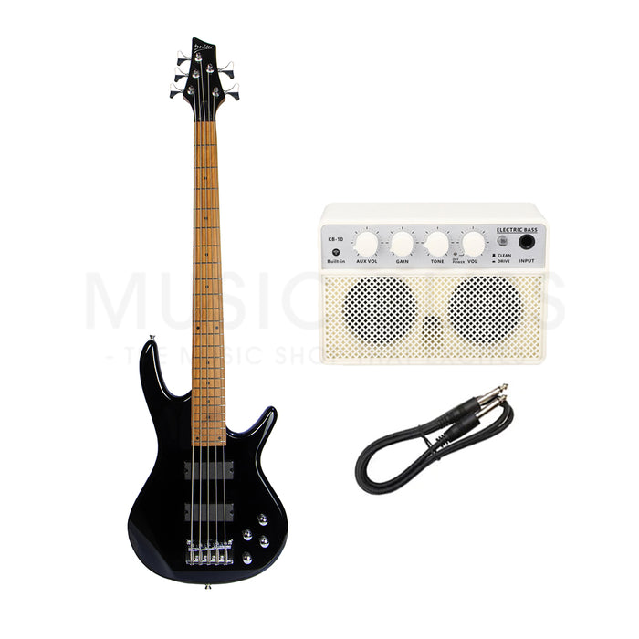 Deviser L-B3-5-BK Budget Beginner Electric Bass Guitar – 5-String Black for Rock Kapak