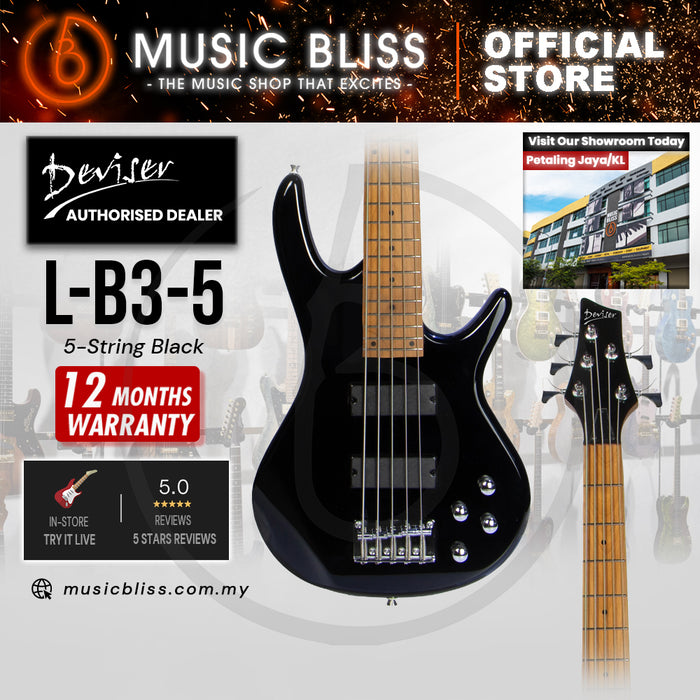 Deviser L-B3-5-BK Budget Beginner Electric Bass Guitar – 5-String Black for Rock Kapak
