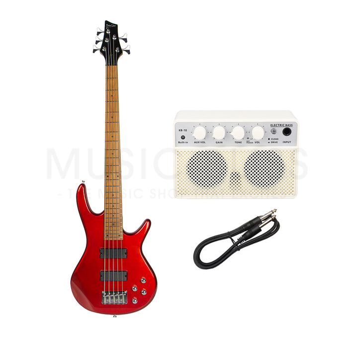 Deviser L-B3-5-RD Budget Beginner Electric Bass Guitar – 5-String Red for Rock Kapak