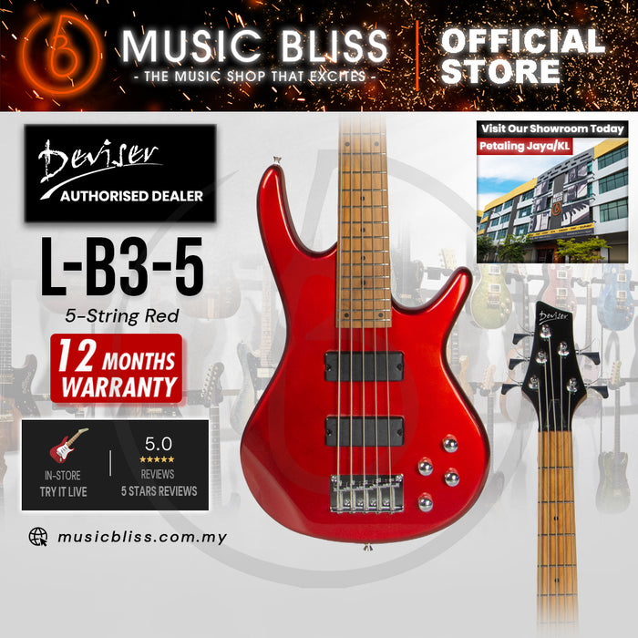 Deviser L-B3-5-RD Budget Beginner Electric Bass Guitar – 5-String Red for Rock Kapak