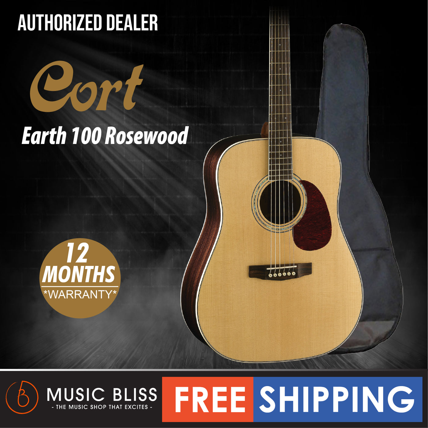 Cort Earth 100 Rosewood Acoustic Guitar with Bag | Music Bliss Malaysia