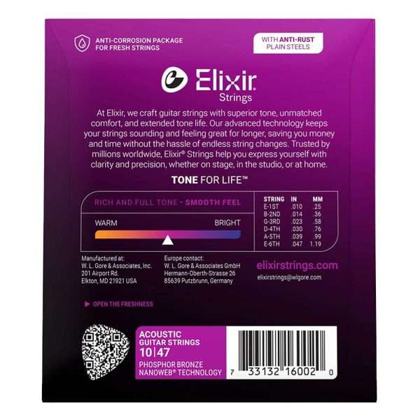 Elixir Strings Nanoweb Phosphor Bronze Acoustic Guitar Strings .010-.047 Extra Light