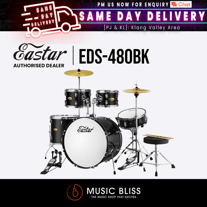 Eastar EDS-480BK Drum Set Eastar 22 inch for Adults, 5 Piece Full Size Drum Kit Budget Best Beginner with Pedal Cymbals Stands Stool and Sticks, Drum Akustik Beginner dengan cymbal, stool dan drum stick - Black - Music Bliss Malaysia