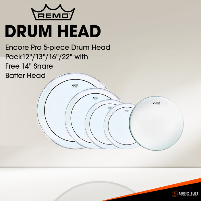 Remo Encore Pro 5-piece Drum Head Pack - 12"/13"/16"/22" with Free 14" Snare Batter Head