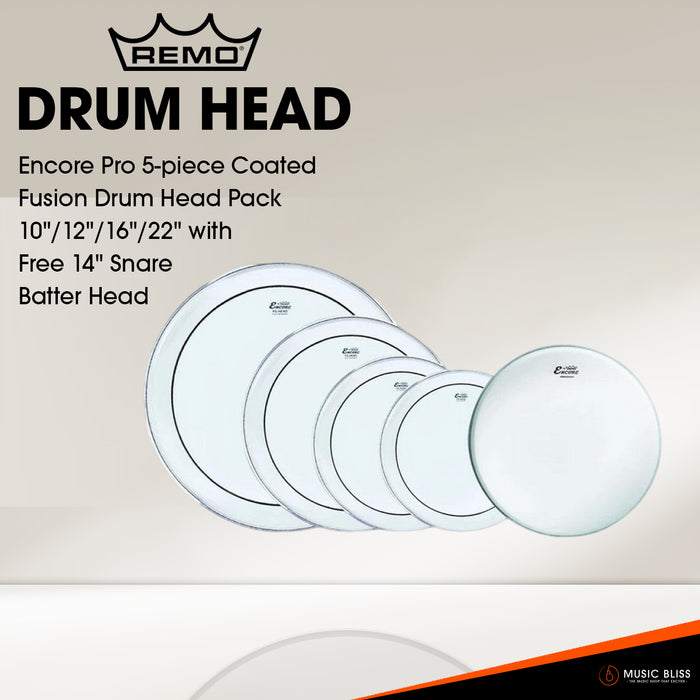 Remo Encore Pro 5-piece Coated Fusion Drum Head Pack - 10"/12"/16"/22" with Free 14" Snare Batter Head