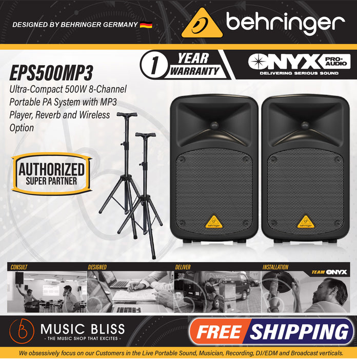 Behringer Europort EPS500MP3 500W 8-Channel Portable PA System with Speaker Stands‎ - Music Bliss Malaysia