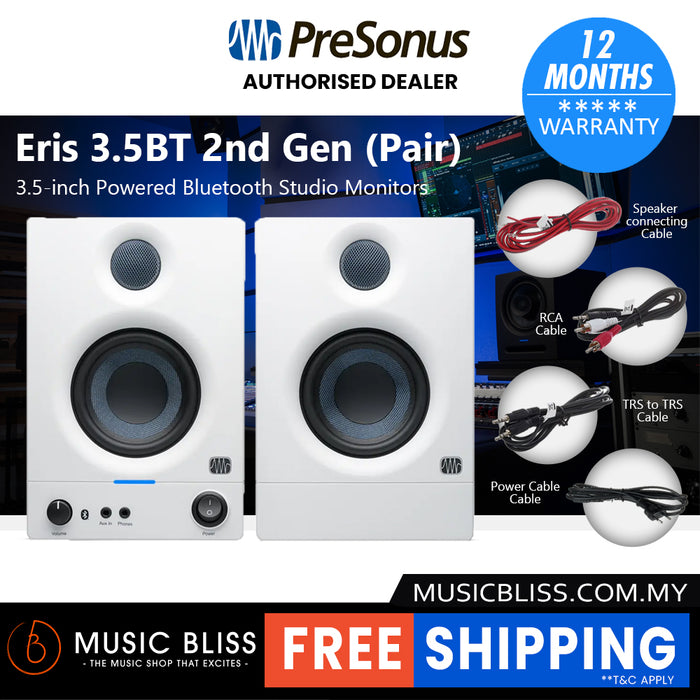 PreSonus Eris 3.5BT (2nd Generation) 3.5-inch Powered Bluetooth Studio Monitors, Active Monitor Speakers for Desktop, Turntable, Record Player, Bookshelf, DJ Speakers - White