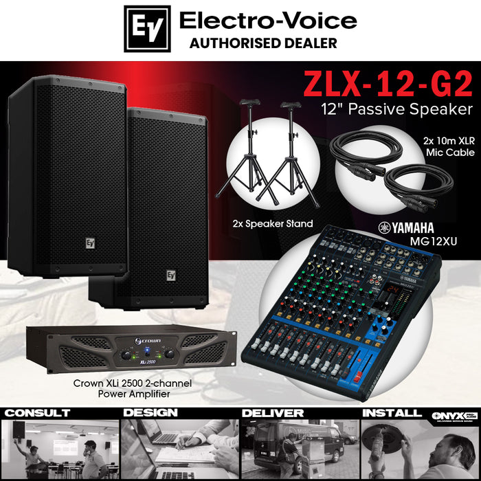 Live Band Package Yamaha MG12XU Analog Mixer, Electro-Voice ZLX-12 G2 Passive Speakers, Crown XLi 2500 watts Power Amplifier with Speaker cables and Speaker stands