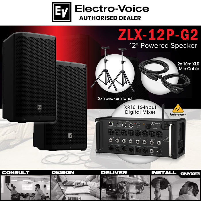 Live Band Package Behringer X Air XR16 Digital Mixer, Electro-Voice ZLX-12P G2 1000 watts Powered Speakers with XLR cables and Speaker stands