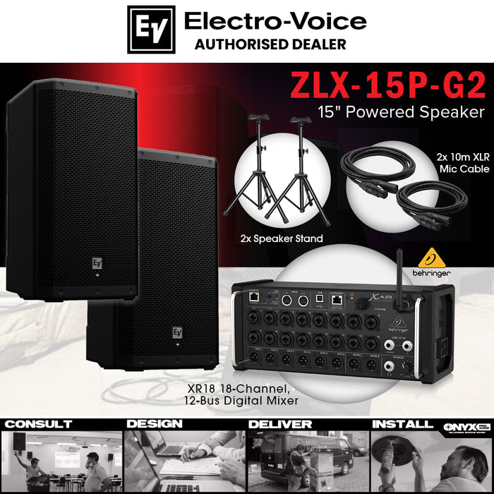 Live Band Package Behringer X Air XR18 Digital Mixer, Electro-Voice ZLX-15P G2 1000 watts Powered Speakers with XLR cables and Speaker stands