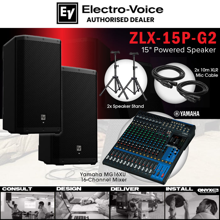 Live Band Package MG16XU Analog Mixer, Electro-Voice ZLX-15P G2 1000 watts Powered Speakers with XLR cables and Speaker stands